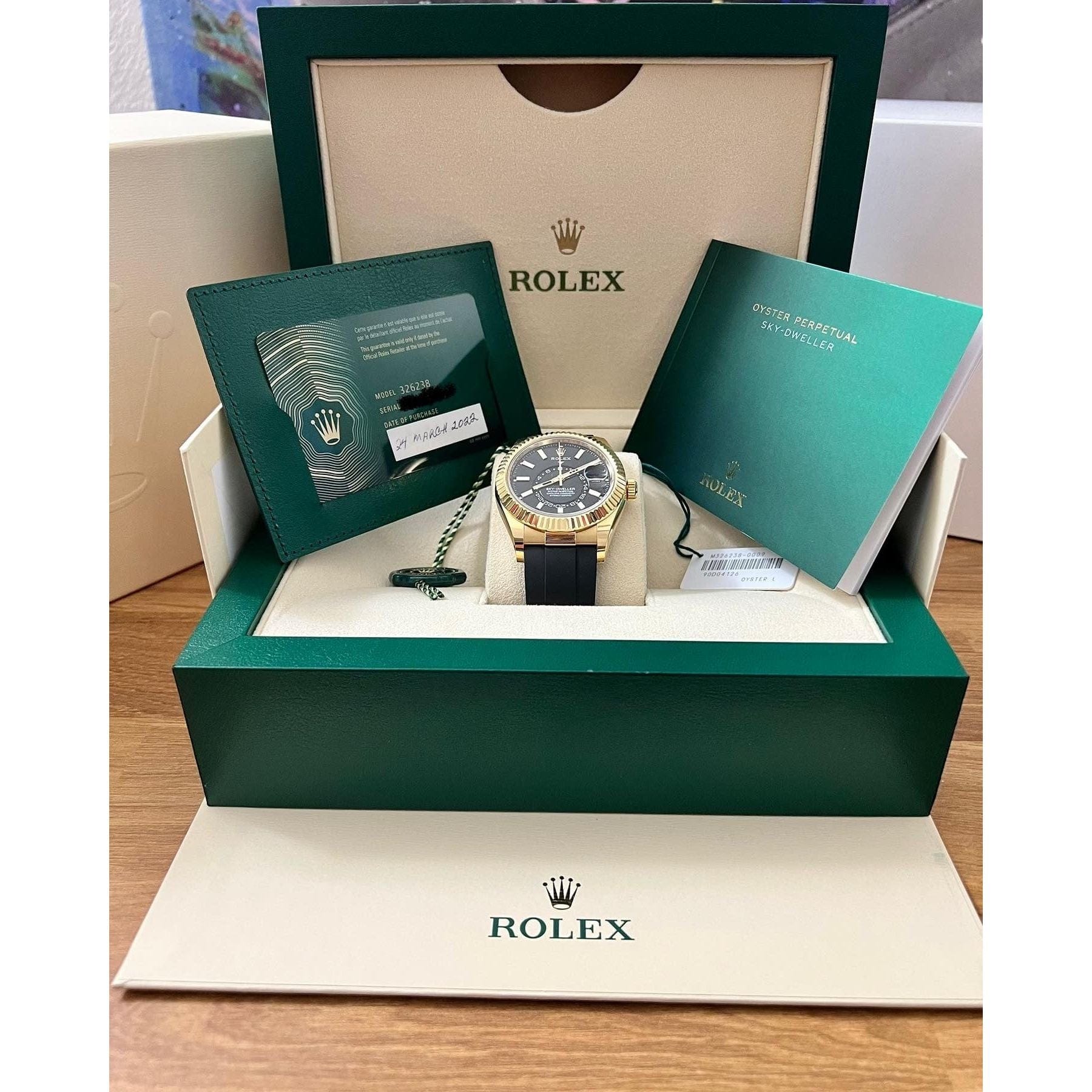 Rolex Watches 2022 Sky-Dweller Yellow Gold Black Dial Oysterflex Box and Papers 326238