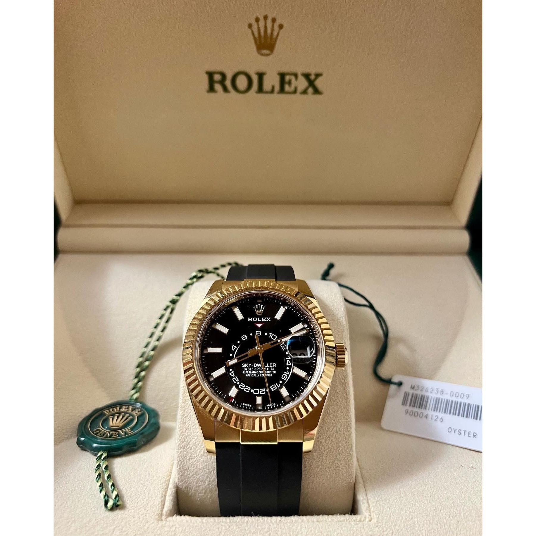 Rolex Watches 2022 Sky-Dweller Yellow Gold Black Dial Oysterflex Box and Papers 326238